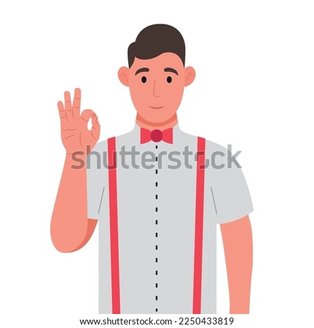 Young man showing ok gesture. The happy man expresses his positive emotions. Vector illustration.