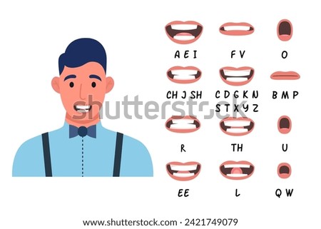 Lip sync collection for animation. Cartoon male character mouth and lips sync for sound pronunciation. Vector illustration.