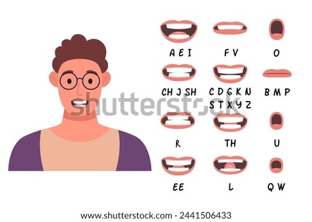 Lip sync collection for animation. Cartoon male character. Vector illustration.