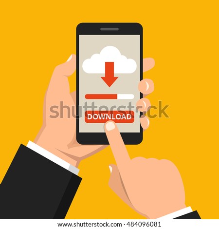 Hand holding smartphone with file download button on the screen. Downloading process concept. Flat vector illustration.