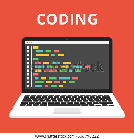 Programming, web development concept. Code on the screen laptop. Flat vector illustration.