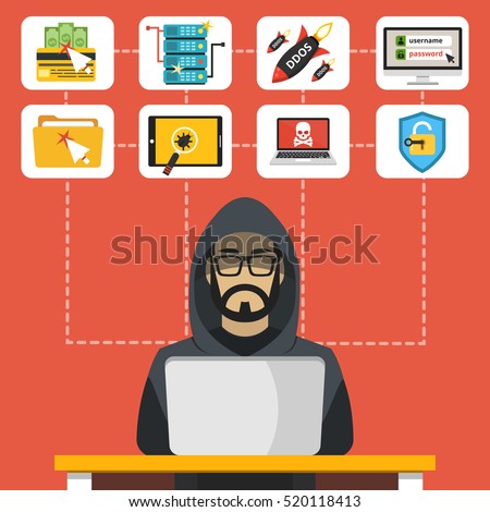 Hacker sitting at the desktop and hacking secret data on the laptop. Icon set. Flat vector illustration.