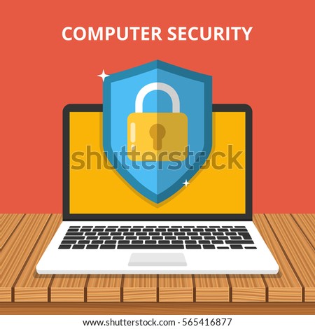 Computer security concept. Laptop with shield and lock on table. Flat vector illustration.