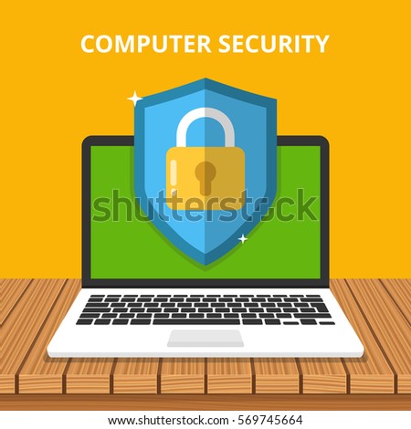 Computer security concept. Laptop with shield and lock on table. Flat vector illustration.