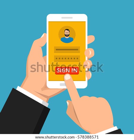 Sign in page on smartphone screen. Hand hold phone, finger touch sign in button. Male avatar. Vector flat illustration.
