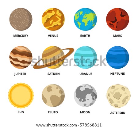 Planet icon set. Planets with names - mercury, venus, earth, mars, jupiter, saturn, uranus, neptune, pluto. Vector astronomic abstract objects - sun, moon, asteroid. Flat design illustration.