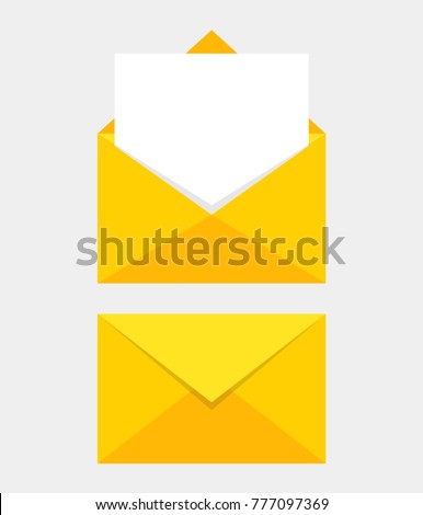 Opened and closed envelope with note paper card. Mail icon. Vector illustration.