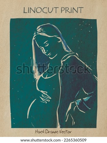 Pregnant woman. Hand drawn vector illustration, stylized in traditional artistic linocut or woodcut print on old paper