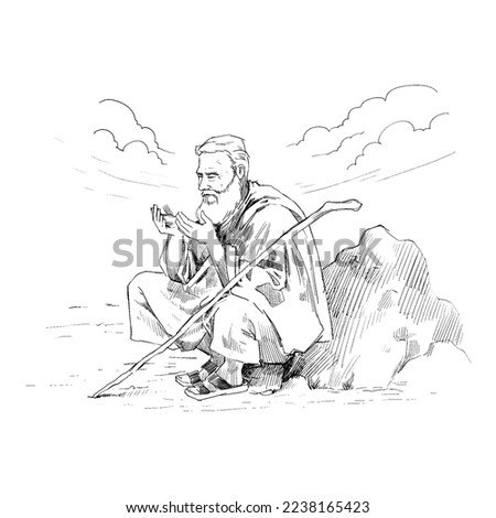 An old man sitting on a stone in an oasis prays to God. Hand drawn vector illustration of an old man praying. Isolated vector pencil drawing.