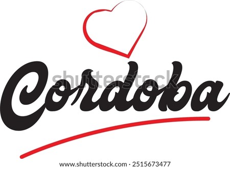 Cordoba city text design with red heart typographic icon design suitable for touristic promotion