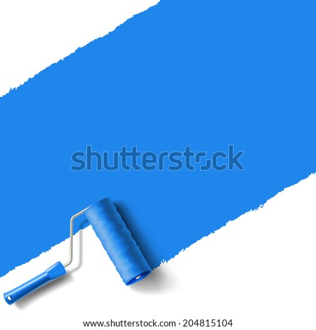 roller brush with blue paint wall