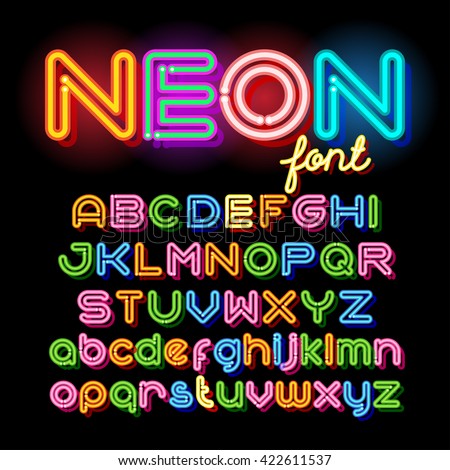 Neon Light Alphabet Vector Font. Neon tube letters on dark background. Uppercase and small case set