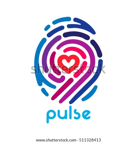 Colorful pulse fingerprint logo with heart shape inside. Conceptual security logo or identification icon of dashed line finger print