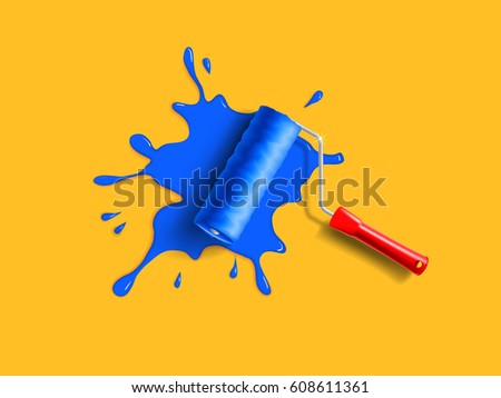 roller brush with red handle and blue paint splash on the orange wall
