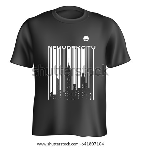 Black t-shirt with stylish barcode lettering design of New York City with moon