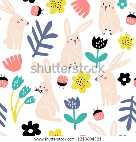 Seamless childish pattern with pink bunny, flowers, lady birds . Creative scandinavian kids texture for fabric, wrapping, textile, wallpaper, apparel. Vector illustration