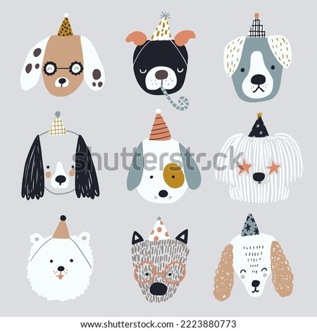 Cartoon collection of dog faces childish print. Funny hand drawn festive dogs in party hats isolated on white. Vector illustration