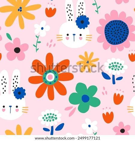 Childish seamless pattern with cute bunny and flowers. Kids repeated print with rabbit and botanical elements. Vector illustration