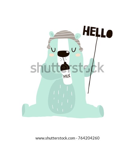 Cute little one bear drink milk print. Childish illustration for nursery, apparel, card, baby shower. Creative kids design