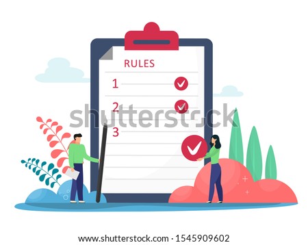 Rules vector illustration. Flat tiny rules checklist persons concept. Principles and strategy of company management for the order and restrictions of the company. Legal Rules