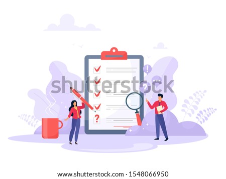 Survey vector illustration. Flat mini persons concept with quality test and satisfaction report. Feedback from customers or opinion form. Client answers understanding with professional research team