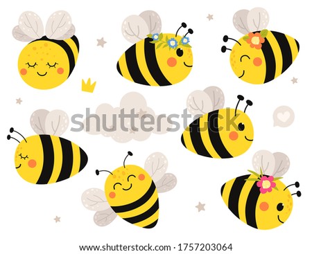 Cute set with bees. Vector isolates on a white background in cartoon flat style.