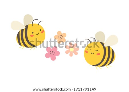 Cute bees fly over the flower. Vector illustration in flat style.