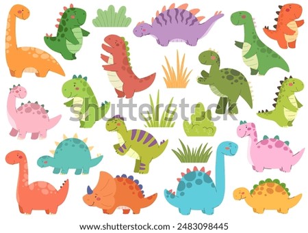 Big collection of cute dinosaurs in flat cartoon style. Baby dinosaur vector isolates.