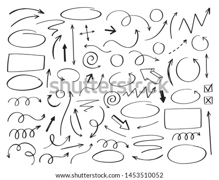 Doodle vector arrows and design elements. Hand drawn set of icons, frames, borders, arrows in cartoon style. Elements for infographics.