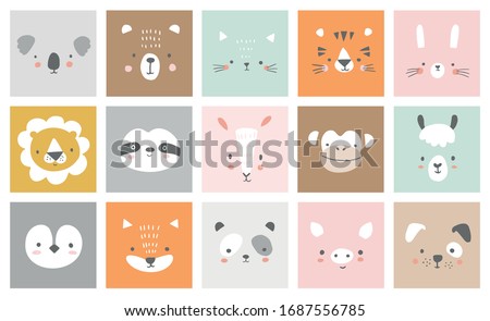 Cute simple animal portraits - hare, tiger, bear, sloth, cat, koala, fox, alpaca, llama, panda, penguin, lion, dog, goat, pig. Designs for baby clothes. Hand drawn characters. Vector illustration.