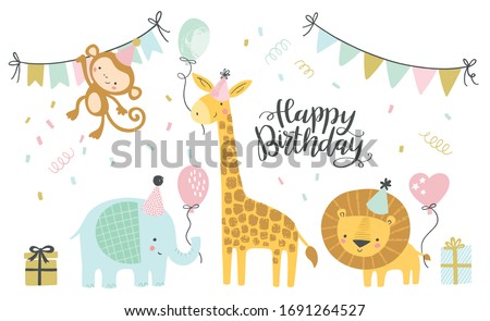 Birthday vector illustrations. Set of cute cartoon jungle birthday animals illustration for greeting, invitation kids birthday card design