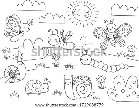 Cute Cartoon Bugs Coloring Page for kids. Vector black line illustration. Bug, insect, bee, butterfly, snail.
