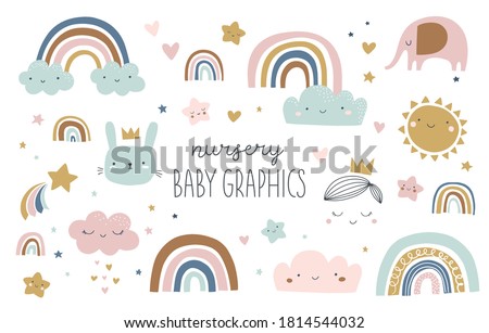 Set of cute baby and kids graphics, illustrations in Scandinavian style. Rainbow, cloud, star, elephant, rain, bunny, prince, crown, sun, sky. Posters, greeting cards, invitations, clothing.