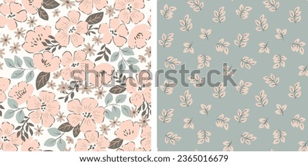 Hand drawn romantic flowers, japanese double pattern set. Pastel pink tones, seamless illustrations. Romantic pattern for stationery, posters, cards, nursery, apparel, scrapbooking.