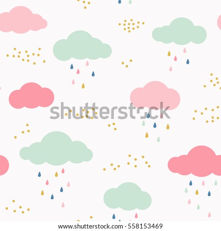 Vector kids pattern with clouds, rain drops and dots. Cute scandinavian seamless background in mint, pink, yellow and gray.