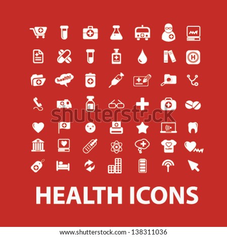 health, medical, hospital white isolated icons, signs set on red background
