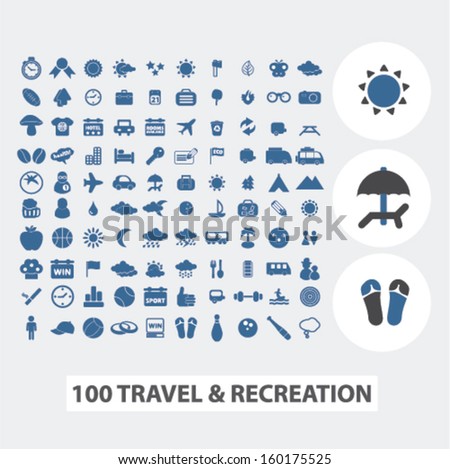 100 travel & recreation, tourism icons set, vector