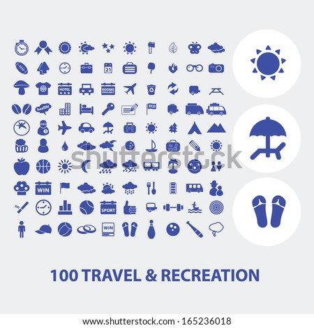 100 travel, recreation, trip icons set, vector