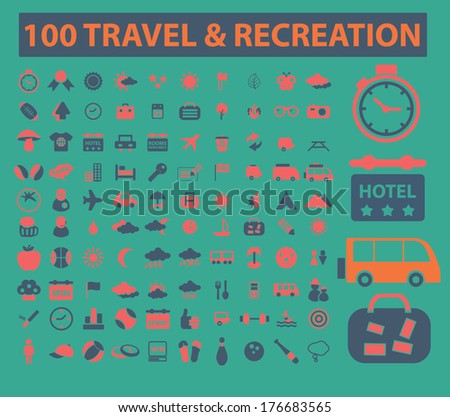 100 flat travel, recreation icons, signs set, vector