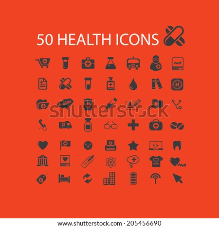 50 health, medical, medicine, health care icons, signs, symbols set, vector