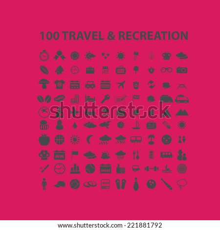 100 travel, recreation, tourism icons, signs, illustrations, silhouettes set, vector