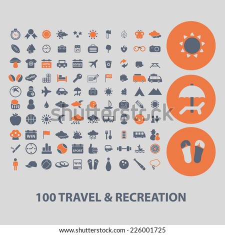 100 travel, recreation icons, signs, illustrations, vector, set