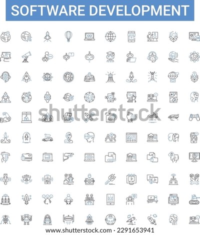 Software development outline icons collection. Software, Development, Coding, Programming, Debugging, Testing, Designing vector illustration set. Maintenance, Infrastructure, Solutions line signs