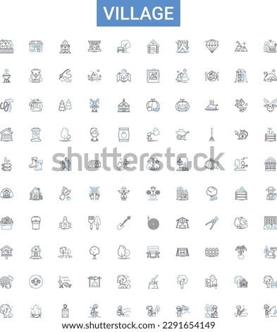 Village outline icons collection. Village, settlement, hamlet, township, rural, homestead, suburban vector illustration set. countryside, town, populace line signs