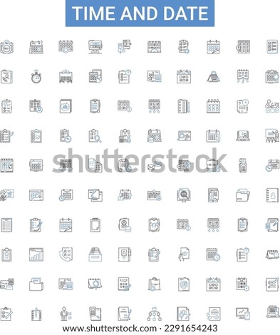 Time and date outline icons collection. Time, Date, Calendar, Clock, Hour, Minute, Second vector illustration set. Day, Month, Year line signs