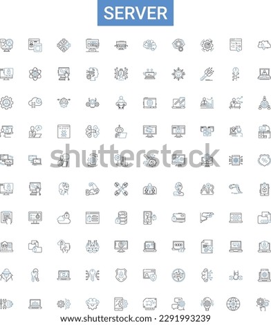 Server outline icons collection. Server, Hosting, Servers, Web-Server, Database, DNS, Virtual vector illustration set. Rack, Cloud, Linux line signs