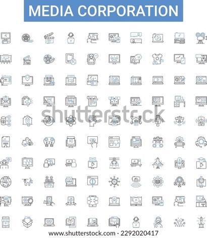 Media corporation outline icons collection. Media, Corporation, Publishing, News, Print, Digital, Network vector illustration set. Broadcast, Content, Video line signs