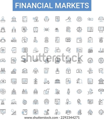 Financial markets outline icons collection. Finance, Markets, Investing, Securities, Equities, Bonds, Trading vector illustration set. Stocks, Derivatives, Commodities line signs