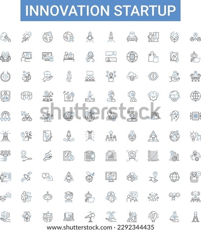 Innovation startup outline icons collection. Innovative, Startup, Novel, Enterprising, Creative, Groundbreaking, Disruptive vector illustration set. Adventurous, Risk-taking, Pioneering line signs