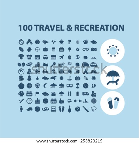 100 travel, recreation, tourism isolated flat icons, signs, symbols illustrations, images, silhouettes on background, vector